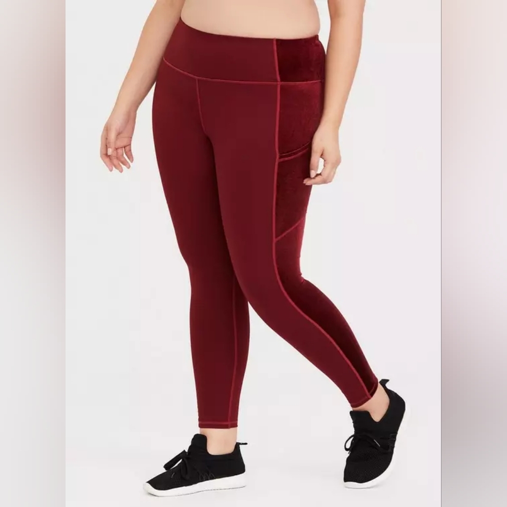Torrid Burgundy Red & Velvet Inset Active Leggings with Side Pockets NWT 2